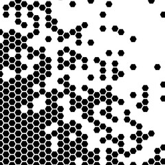 Fully editable vector element. Black Hexagon Vector Abstract Geometric Technology Background. Halftone Hex Retro Simple Pattern. Minimal Style Dynamic Tech Wallpaper. Vector Formats