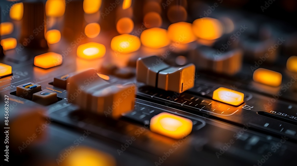 Poster high-end audio mixing console with warm lighting and shallow depth of field