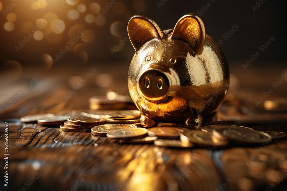 Wall mural gold piggy bank on table with coins