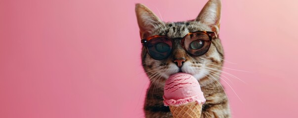 Cat with sunglasses enjoying an ice cream, clean minimal design, pastel background