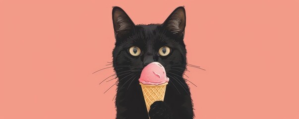 Cat holding an ice cream cone with one paw, minimalistic illustration, pastel colors