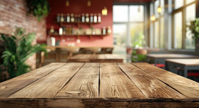 Blank wooden table top on blurred  mexican or italian cafe interior mockup background, evening. empty old wooden table with  interior restaurant in soft focus in the background.