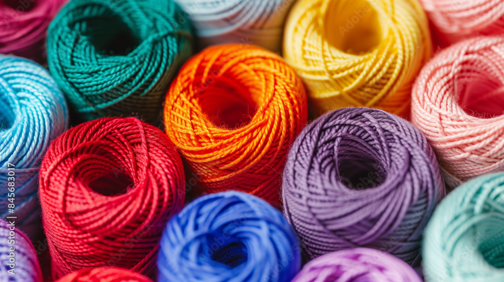 Poster a bunch of colorful yarns are piled up in a row. the colors are bright and vibrant, creating a cheer