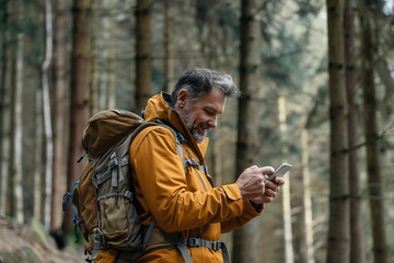 A man with a backpack hikes through a forest on a cloudy autumn day. He is smiling and looking at his phone.