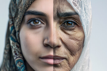 Close-up split face of young and elderly Middle Eastern woman showing aging concept