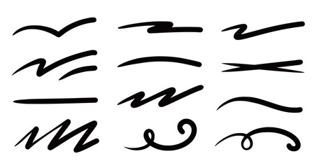 Squiggle brush scribble underline. Marker pen emphasis highlight swoosh stroke. Vector swoosh brush underline set for accent, marker emphasis squiggle element. Vector illustration