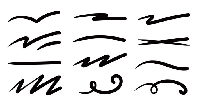Squiggle brush scribble underline. Marker pen emphasis highlight swoosh stroke. Vector swoosh brush underline set for accent, marker emphasis squiggle element. Vector illustration