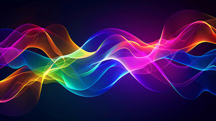 A colorful wave of light is displayed on a dark background. The colors are vibrant and the wave appears to be moving. Scene is energetic and dynamic. Spectrum waves. Abstract colorful background