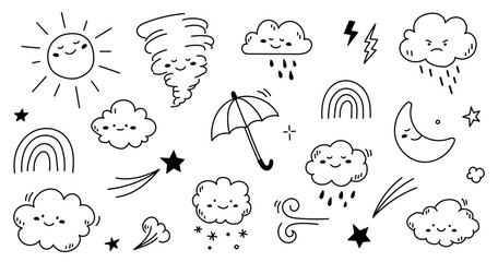 Cloud rain weather cartoon cute set. Cloud, sun, moon weather character with smile and angry face. Hand drawn doodle sketch style. Rainbow, wind, tornado doodle character. Vector illustration.