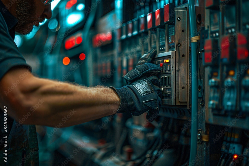 Poster man operating machine in factory