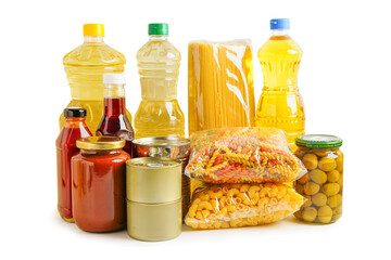 Foodstuff for donation isolated on white background with clipping path, storage and delivery. Various food, pasta, cooking oil and canned food in cardboard box.