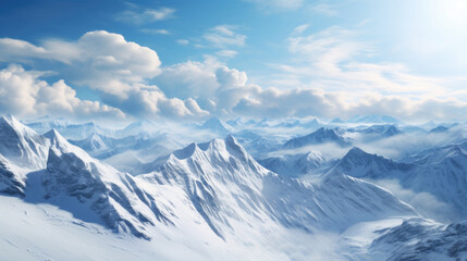 Snow covered mountain peaks under cloudy blue sky landscape background