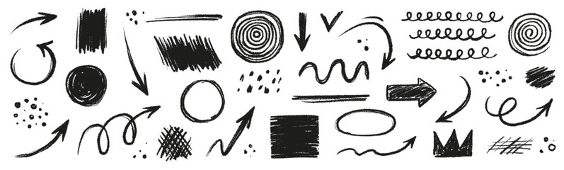 Arrow line hand drawn brush vector set. Grunge square, spiral, arrow element scribble line brush hand drawn sketch design. Grunge abstract chalk, crayon pencil style. Vector illustration.