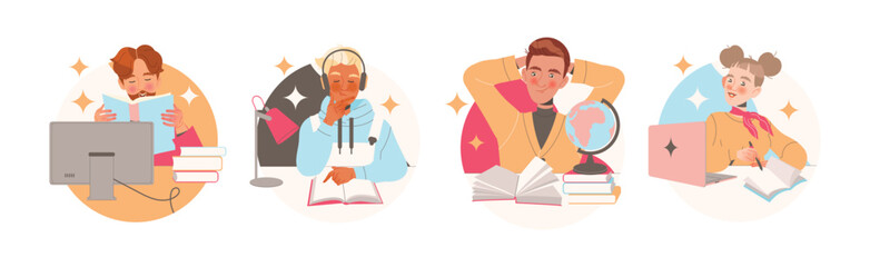 Learning People Character Sitting at Desk with Book and Computer Studying and Gaining Knowledge Vector Set