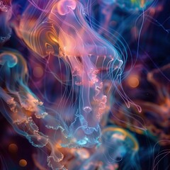 A mesmerizing close-up image of jellyfish swimming in the water, illuminated with vibrant, multi-colored neon lights. The jellyfish appear ethereal, with translucent bodies that glow in shades of purp