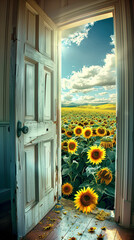 A door opening, leading to a bright and vibrant sunflower field.