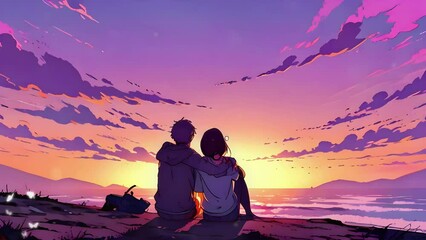 A romantic couple glow love passion 2D Japanese Lo-fi Purple fantasy Anime style 4K Seamless loop hip-hop chill vibes Relaxing music lofi bites vaporwave animation