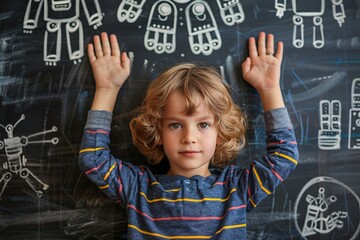 Young girl in front of a blackboard with robot doodles