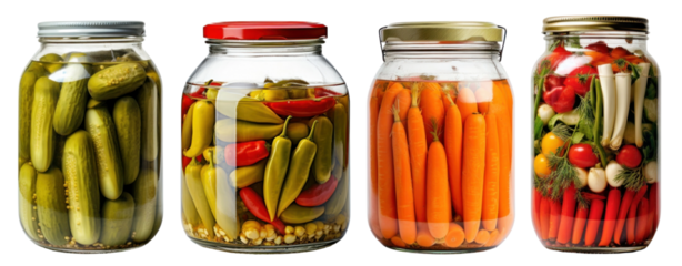 Pickled vegetables in jars set