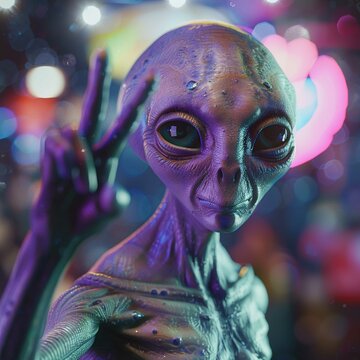 The image features a highly detailed and realistic depiction of an alien creature with large expressive eyes and a smooth, textured skin surface. The creature is holding up a hand in a peace sign gest