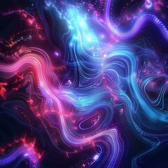 A mesmerizing digital abstract artwork featuring vibrant, swirling lines and dots in hues of pink, purple, blue, and red. The composition creates a fluid, dynamic pattern that resembles flowing energy