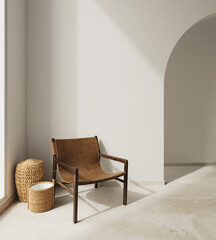 Wall mockup leather chair interior background minimalist white boho style for wallpaper and artwork
