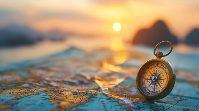Close-up of a compass on a map with a beautiful sunset in the background, symbolizing adventure, direction, and exploration.