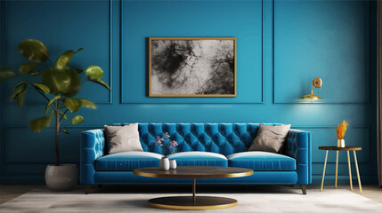 Sleek and Stylish Grey interior with stylish upholstered blue sofa and lamp against paneling wall. Minimalist loft home interior design of modern living room.