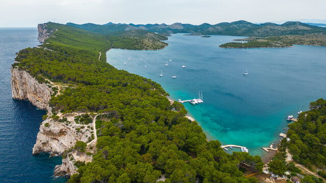 The nature park Tela&scaron;ćica(Telascica) on the island of Dugi Otok, Croatia, is home to some of the most spectacular seascapes, featuring dramatic cliffs towering above the azure sea captured by drone
