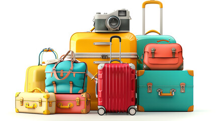 Fototapeta premium Colorful travel luggage and vintage camera, packed and ready for a fun vacation. Travel concept with suitcases and camera.