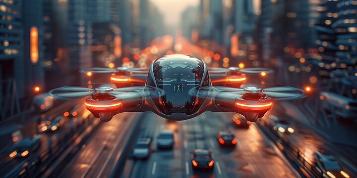 robotaxi concept with wide banner featuring futuristic manned roto passenger drone over modern city demonstrates future air transportation