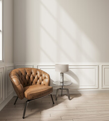 Wall mockup interior brown leather arm chair background minimalist white modern classic style for wallpaper and artwork