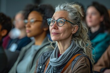 Obraz premium Group of diverse women sitting in line, one woman making eye contact