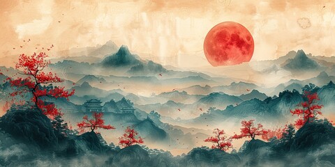vintage asian template with japanese and landscape background