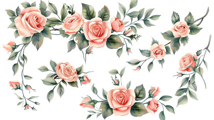 Elegant watercolor illustration of pink roses and green leaves on white background, perfect for floral designs and romantic themes.