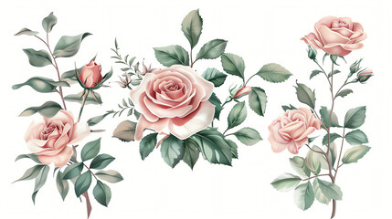 Elegant watercolor illustration of pink roses and lush green leaves, perfect for wedding invitations, greeting cards, and decorative purposes.