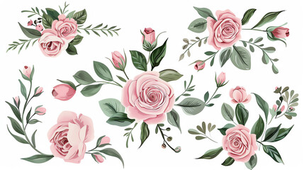 Elegant watercolor roses and foliage arrangements in soft pink and green hues, perfect for wedding invitations and greeting cards.