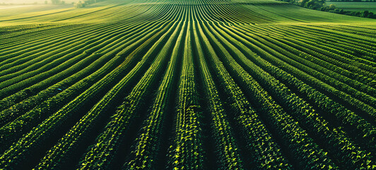 Obraz premium Geometric Farming, Aerial view highlighting the geometric precision of crop rows on a flat farmland.