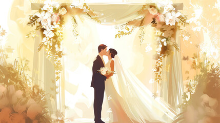 Romantic wedding ceremony with couple exchanging vows under floral archway, bathed in warm glowing light.