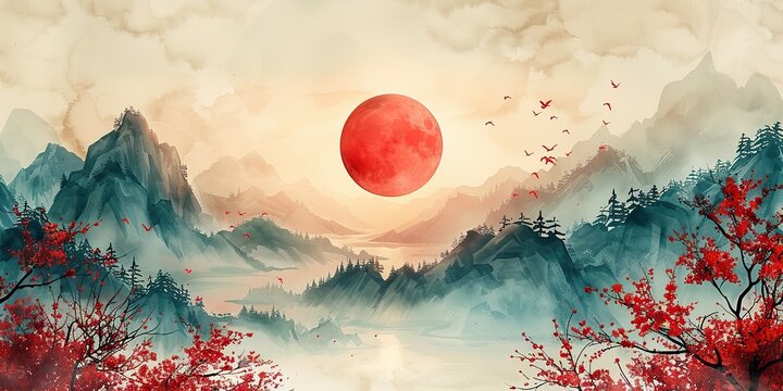a background with a traditional japanese icon and pattern modern a watercolor texture in chinese style a circle object banner illustration