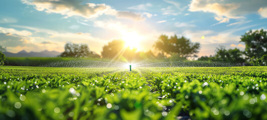 Smart Irrigation, Lush green fields with advanced irrigation systems controlled by AI, under a bright blue sky.