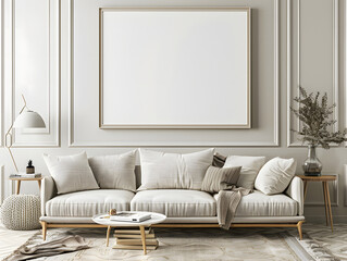 Living room with blank wall frame mockup