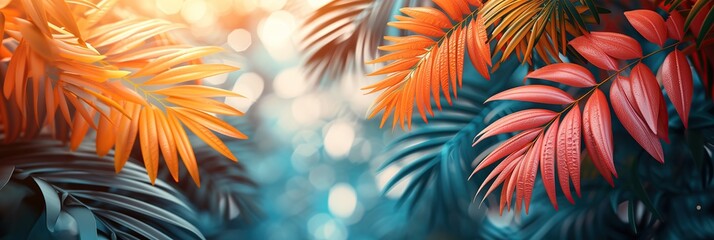 Banner, Colorful palm leaves, tropical background of colorful plants with bokeh, space for text