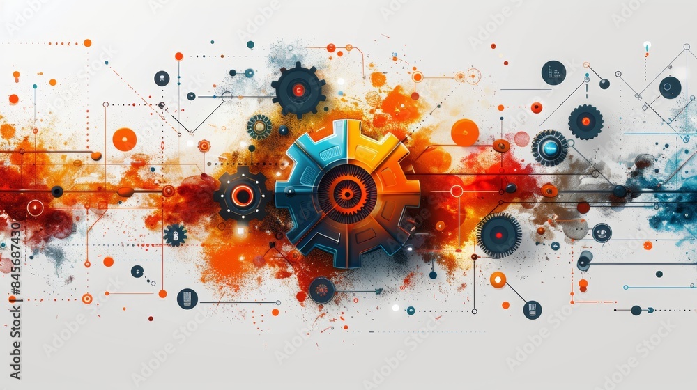 Poster network cog abstract symbol in center, stock photo design neural networks, reliability, machine lear