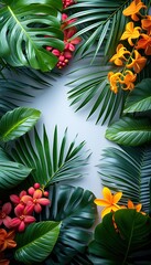 Fototapeta premium Abstract golden light airy background with tropical plants, space rof text