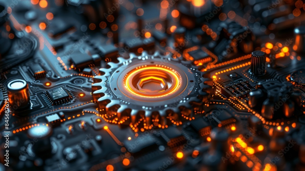Poster network cog abstract symbol in center, stock photo design neural networks, reliability, machine lear