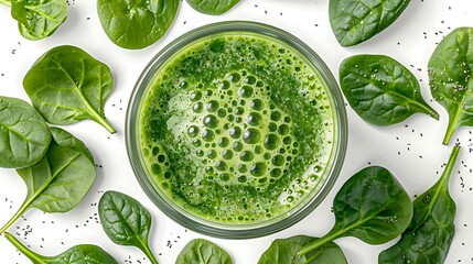 Obraz premium Top-Down View of Fresh Green Smoothie Surrounded by Spinach Leaves