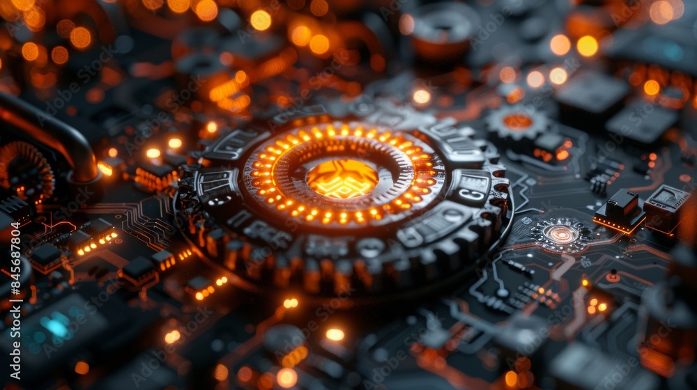 Poster network cog abstract symbol in center, stock photo design neural networks, reliability, machine lear