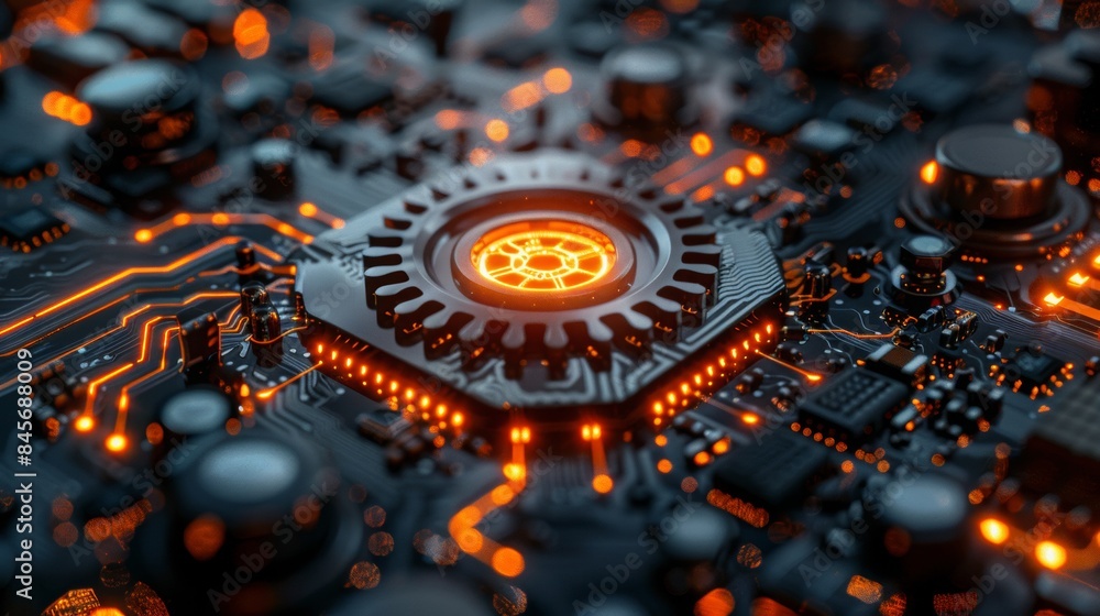 Poster network cog abstract symbol in center, stock photo design neural networks, reliability, machine lear