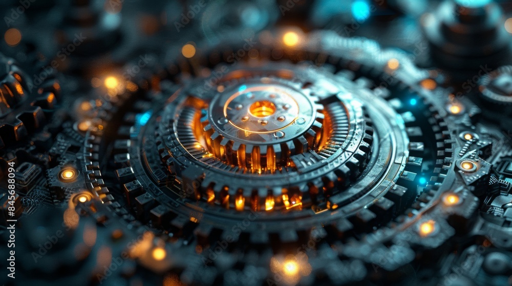 Poster network cog abstract symbol in center, stock photo design neural networks, reliability, machine lear